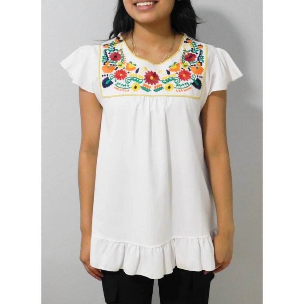 HAILEY & CO. COLORFUL EMBROIDERED FLORAL TUNIC TOP SIZE L WHITE SHEER